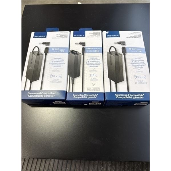3 INSIGNIA UNIVERSAL LAPTOP CHARGERS, 2 90 WATT AND ONE 65 WATT