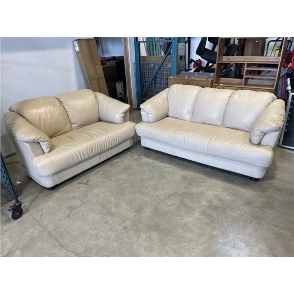 BEIGE LEATHER SOFA  AND LOVESEAT, VERY CLEAN, NO RIPS OR TEARS, GOOD OVERALL CONDITION