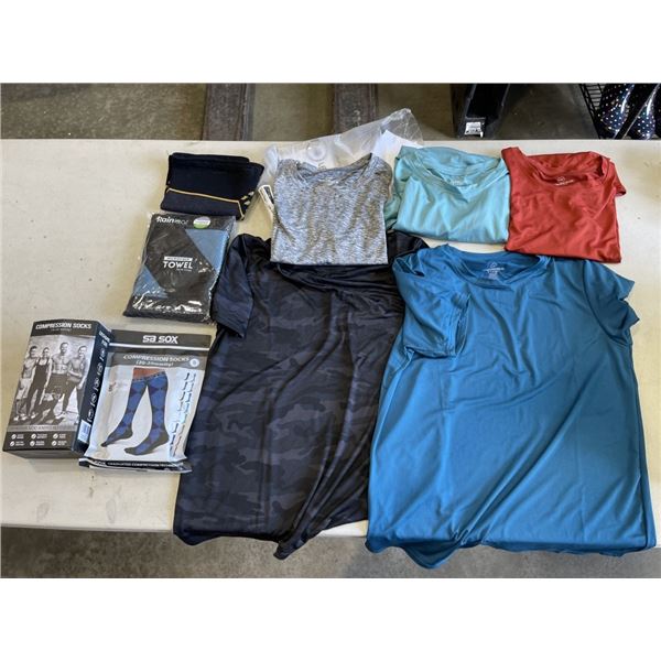 2 PAIR COMPRESSION SOCKS, SMALL-MEDIUM AND MICROFIBRE TOWEL, ETC