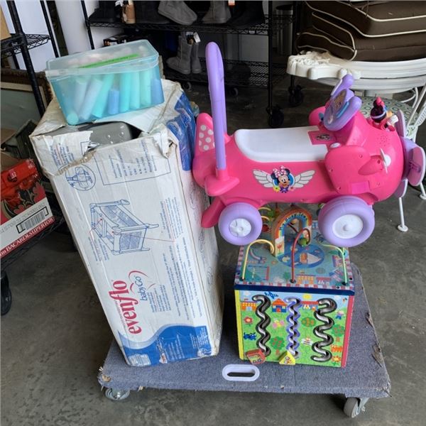 EVENFLO BABY GO PLAYPEN WITH MINNIE MOUSE RIDE ON TOY, CHALK AND PUZZLE TOY