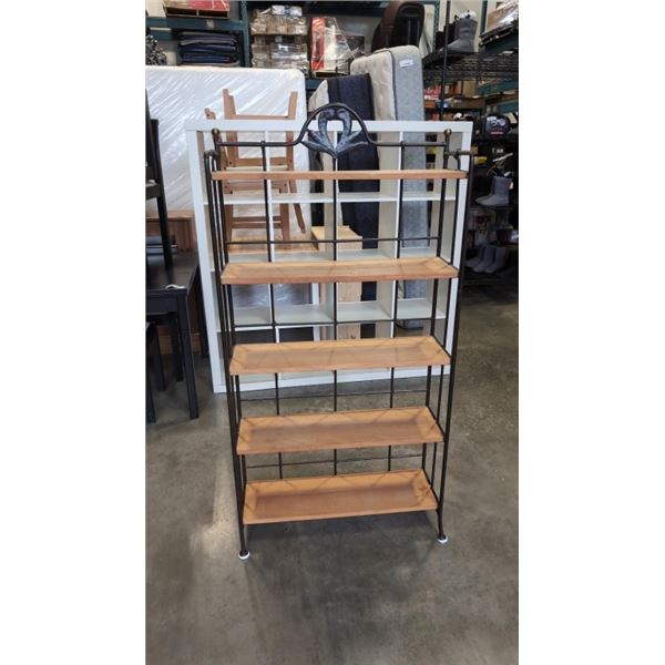 FOLDING SHELF UNIT WITH TEAK SHELVES, 59 INCH TALL, 30 INCH WIDE AND 10 INCH DEEP