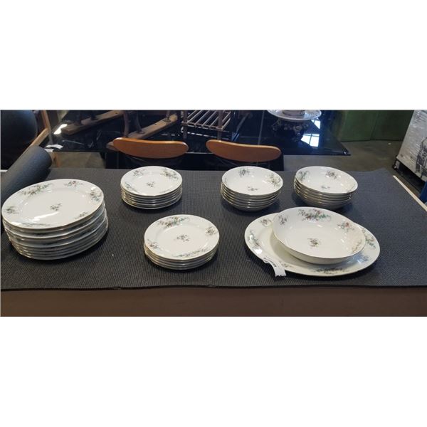 LIMOGES CHINA, TABLE SETTINGS, GRAVY BOAT, TWO ROASTERS, SOUP BOWLS ETC.