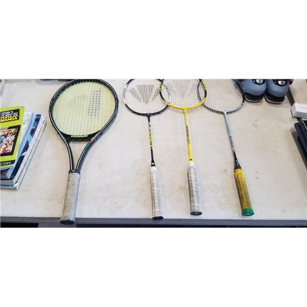 SQUASH RACQUET AND ASSORTED BADMINTON RACQUETS