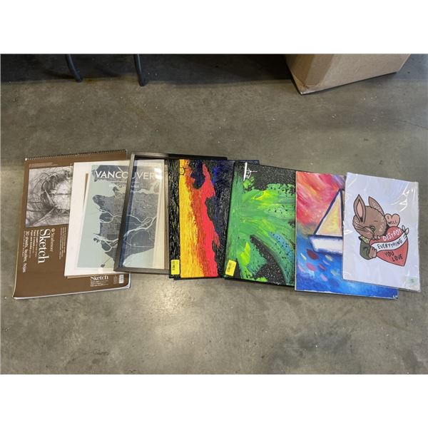 LARGE SKETCH BOOK AND ASSORTED OIL ON CANVAS ART WORKS