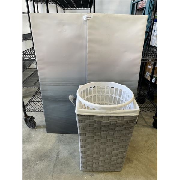 2 LAUNDRY HAMPERS AND 2 20 INCH X 48 INCH CANVAS PICTURES