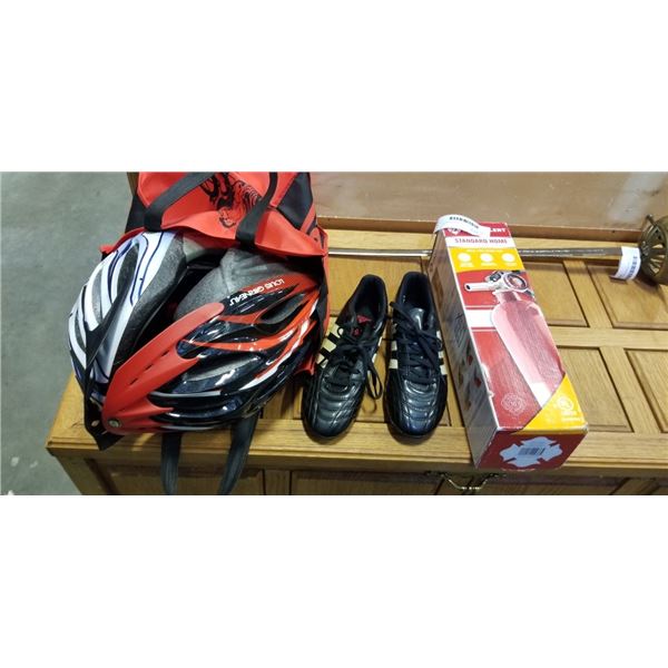 ADIDAS CLEATS SIZE 7 WITH BIKE HELMETS AND FIRE EXTINGUISHER