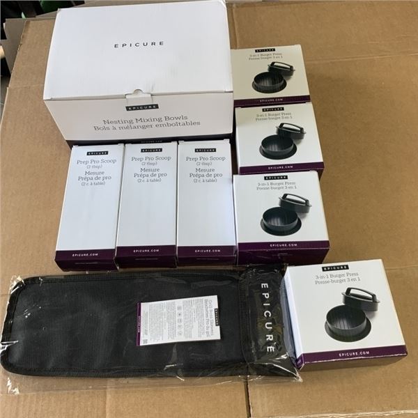 LOT OF NEW EPICURE COOKING SUPPLIES SET OF 3 NESTING MIXING BOWLS WITH POUR SPOUT HANDLES,  4 BURGER