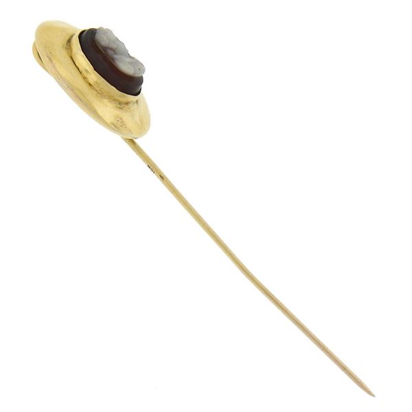 Antique 10k Yellow Gold Detailed Oval Hardstone Carved Cameo Stick Pin w/ Patina