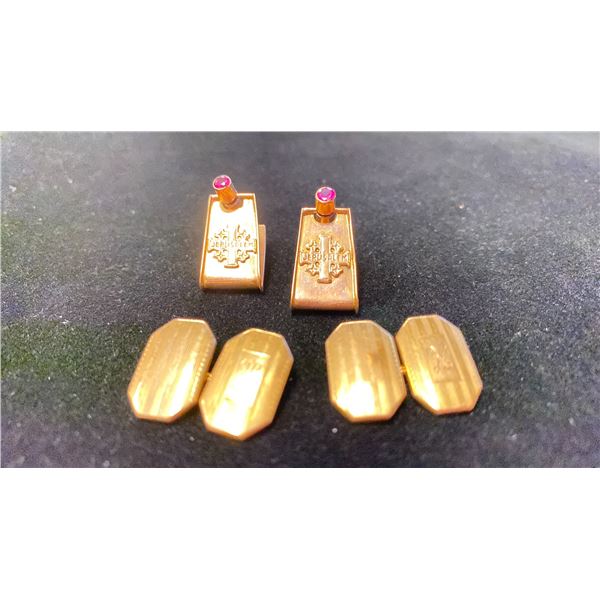 PAIR APPROX 14K CUFFLINKS SET WITH RED STONES AND PAIR APPROX 10K CUFFLINKS