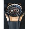 Image 2 : NEW Q. HUBLOT SKELETON FACE REPLICA WATCH. ROSE GOLD CASE. MULTI-COLOR DIAL. BLUE RUBBER FLEX STRAP.