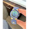 Image 1 : NEW QUARTZ BVLGARI LUXURIOUS REPLICA WATCH. BLUE DIAL. BLUE BEZEL WITH YELLOW INSIDE RING. STAINLESS