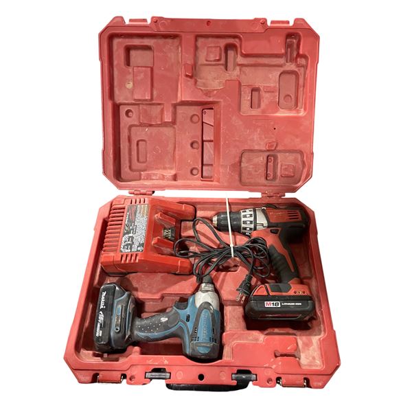 Milwaukee Case with a M18 Lithium Drill w/ Charger & Makita 18V Impact Drill