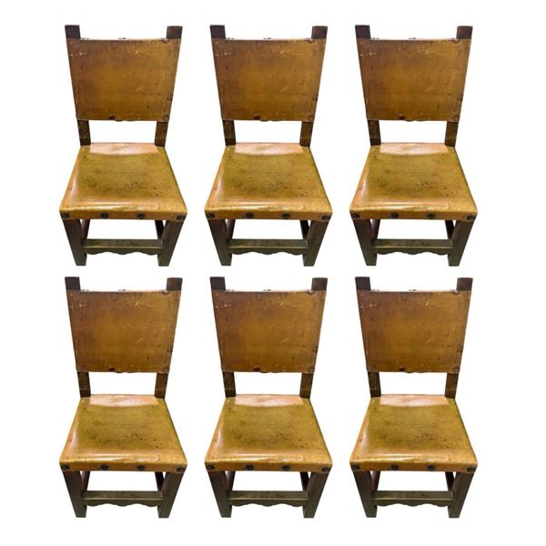 6-pcs Set of 19th Spanish Carved Chairs Leather Seat (Various Condition), Retail Value $3,999.99