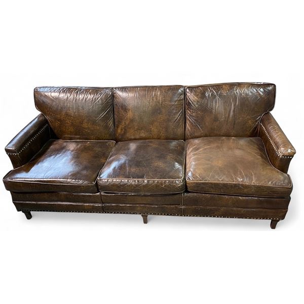 3-Seats Countryside Ranch Style Brown Leather Sofa (Excellent Condition), approx. H30" x W72" x D30"