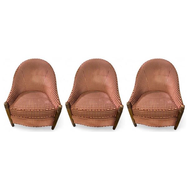 Set of 3 Vintage Upholstered Deco Red & Gold Armchairs, approx. H36" x W27" x 26" each