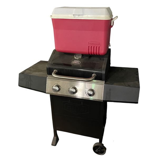 Backyard Grill 3-Burner Propane BBQ with Red Coleman Cooler
