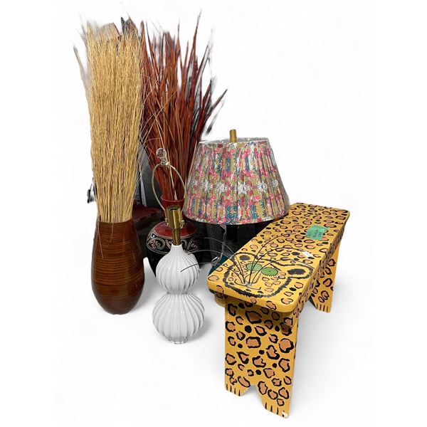 Group of Misc - Lamps, Vase w/Faux Plant, Kids Cheetah Bench, Etc.