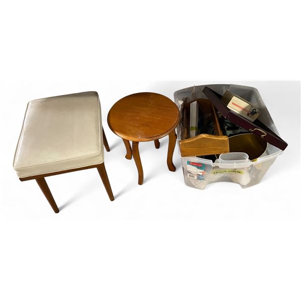 Group of Vinyl-Top Stool & Round Wooden Side Table, Misc Decor, Etc.