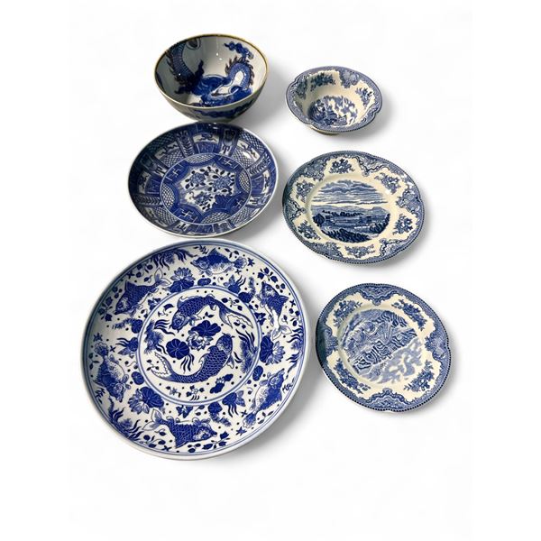 Group of Misc - Collection of Western Dishes, Blue & White Fish Plate, Blue & White Flaming Dragon B