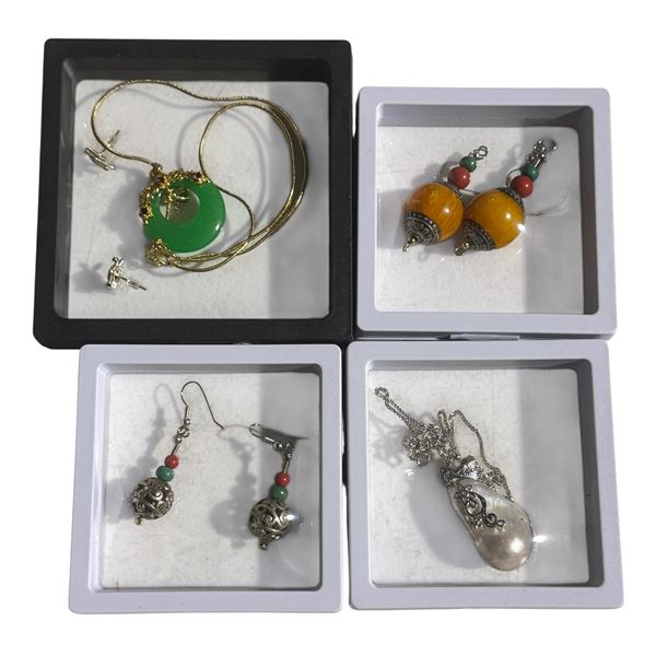 Group of Misc - Spinach Green Jadeite Pendant and Earrings, Pair of Openwork Sino-TIbetan Earrings, 