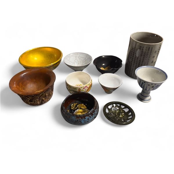 Group of Misc Cups - Famille Rose Phoenix Wine Cup, Sutra Calligraphy Scholar Brush Pot, Copper Base