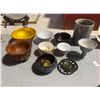 Image 2 : Group of Misc Cups - Famille Rose Phoenix Wine Cup, Sutra Calligraphy Scholar Brush Pot, Copper Base