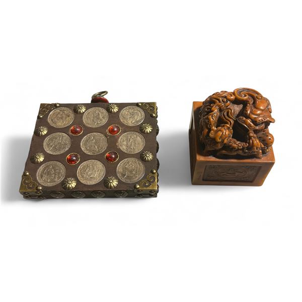 Group of Coin Inlaid Plaque & Mottled Yellow Tiger Stamp