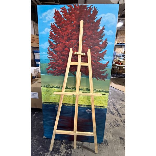 2 Pc - Wooden Artists Easel & Large Painting