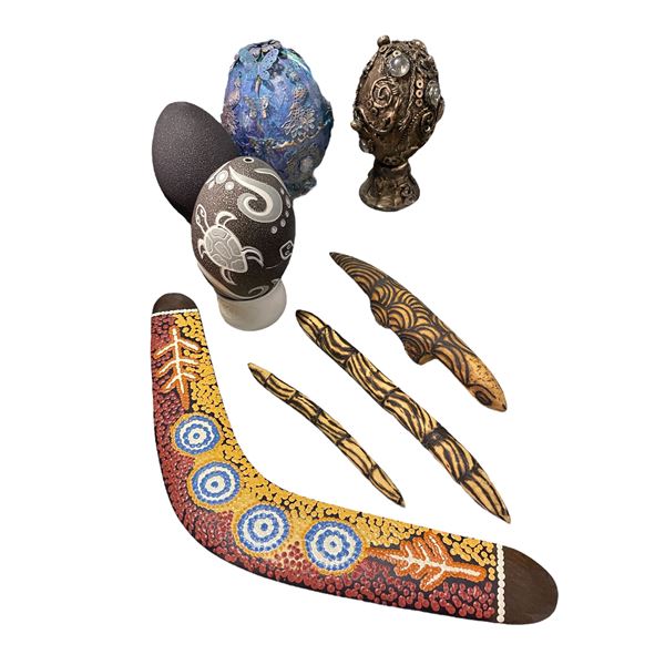 Group of 8 Assorted Decorative Indigenous Australian Artifacts: Includes Boomerangs, Carvings, and D