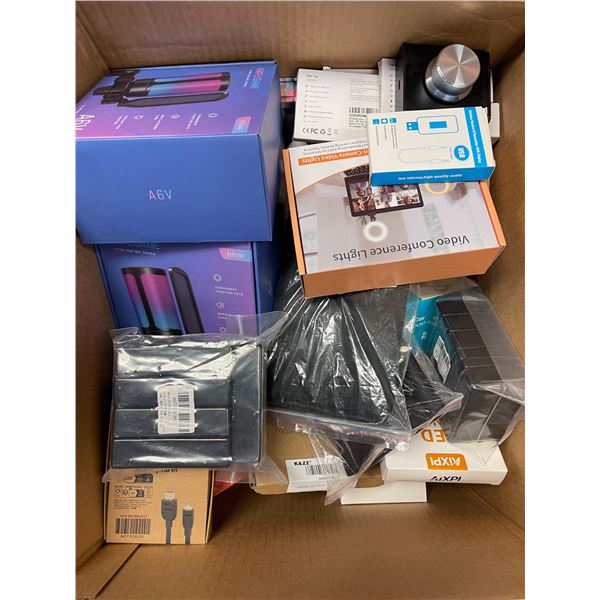 Box of Various Electronics - RGB Mics, Video Conference Lights, Phone Mount, LED Magnifier, Etc.
