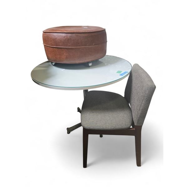 3-pcs Furniture Lot - includes a Moe's Grey Dining Chair/Round Leather Ottoman & Round Glass Modern