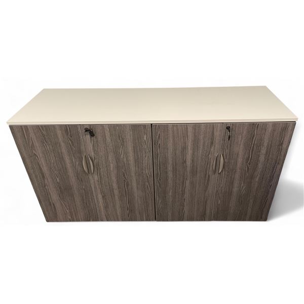 Gray Wood Finish Two-Door Office Cabinet with Keys, Approx. H38  x W71  x D22 