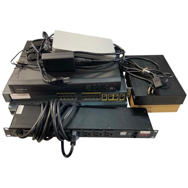 Group of 6 Network Equipment: Video Recorder, Cisco Switches, Meraki MX67, and APC PDU