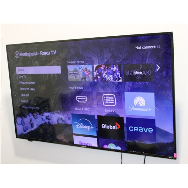 57" WESTINGHOUSE ROKU TV WITH TILT WALL MOUNT
