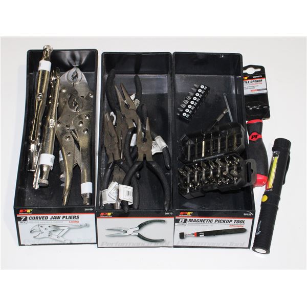 ASSORTED TOOLS WITH TRAYS, INCLUDES PLIERS,