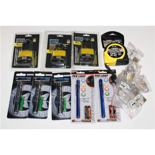 LOT OF LOCKS, MINI FLASHLIGHTS, AND A TAPE MEASURE