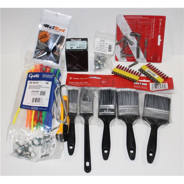 FLAT OF ODDS AND ENDS, CABLE TIES, PAINT BRUSHES,