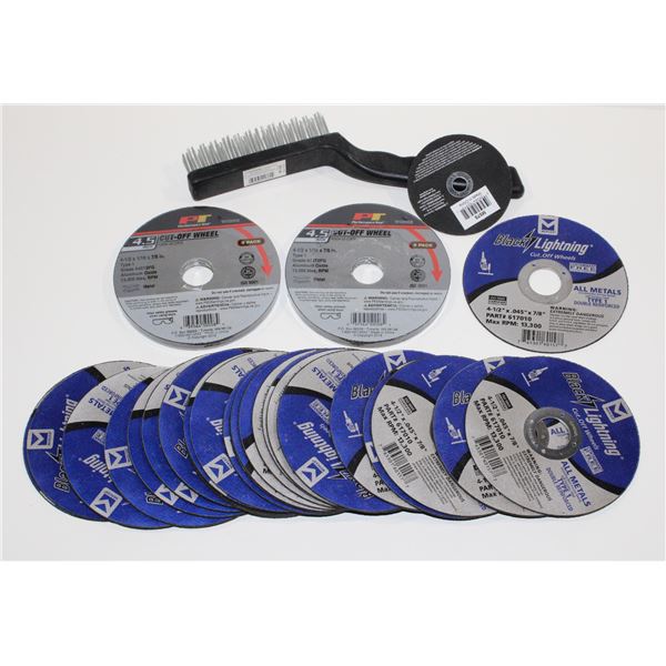 FLAT OF ASSORTED CUT OFF WHEELS AND WIRE BRUSH