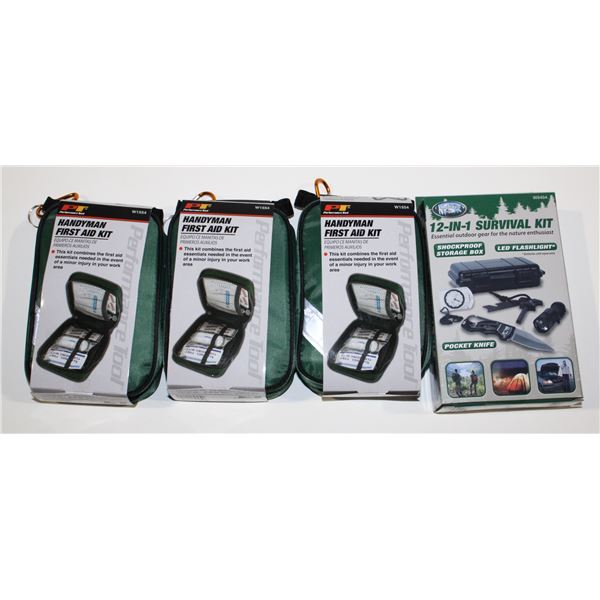 THREE PT HANDYMAN FIRST AID KITS AND 12 IN 1