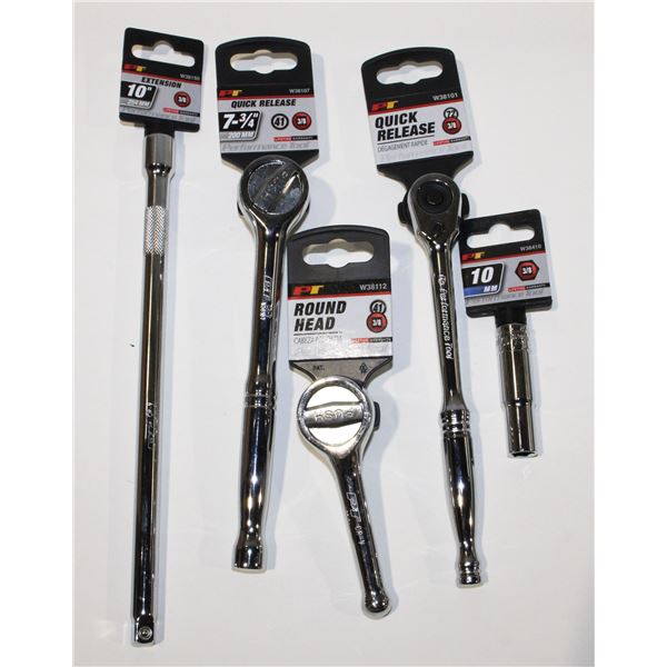 LOT OF 3/8" DRIVE RATCHETS, EXTENSION, AND A