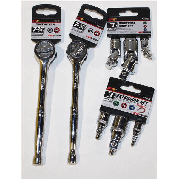 TWO 3/8" DRIVE RATCHETS, 3PC UNIVERSAL JOINT SET,