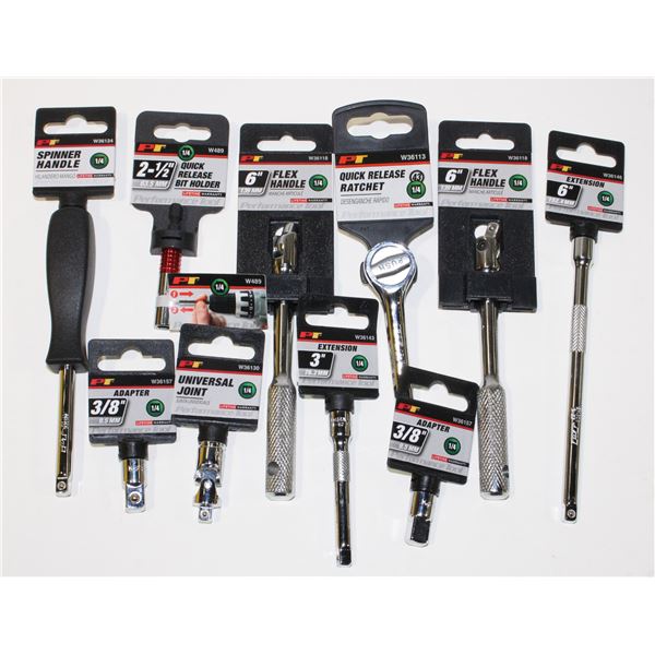 LOT OF 1/4" DRIVE RATCHETS, EXTENSIONS, ADAPTERS,