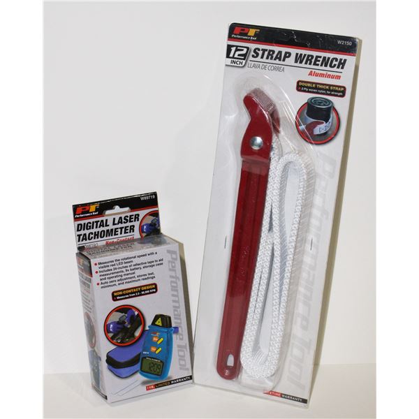 DIGITAL LASER TACHOMETER, AND 12" STRAP WRENCH