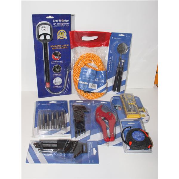 LOT OF TOOLS INCLUDING GRAB IT GADGET, TOW ROPE,