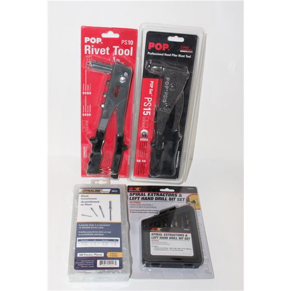 LOT OF RIVETING TOOLS, RIVETS, AND SPIRAL EXTRACT