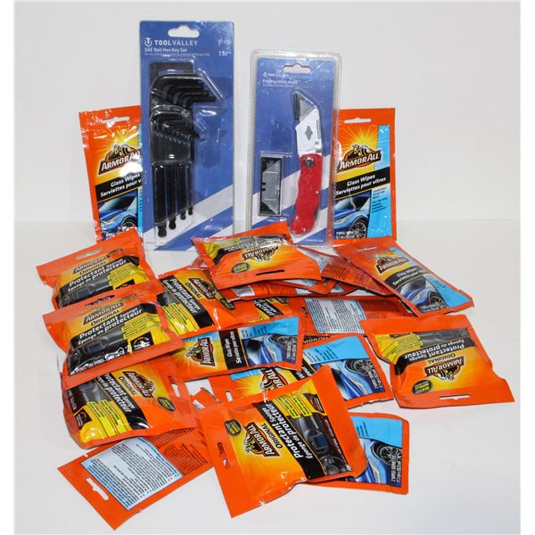 LOT OF ARMOR ALL CLEANING WIPES, SAE BALL HEX KEY