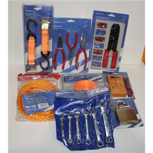 LOT OF TOOLS INCLUDING TOW ROPE, PLIER SET,