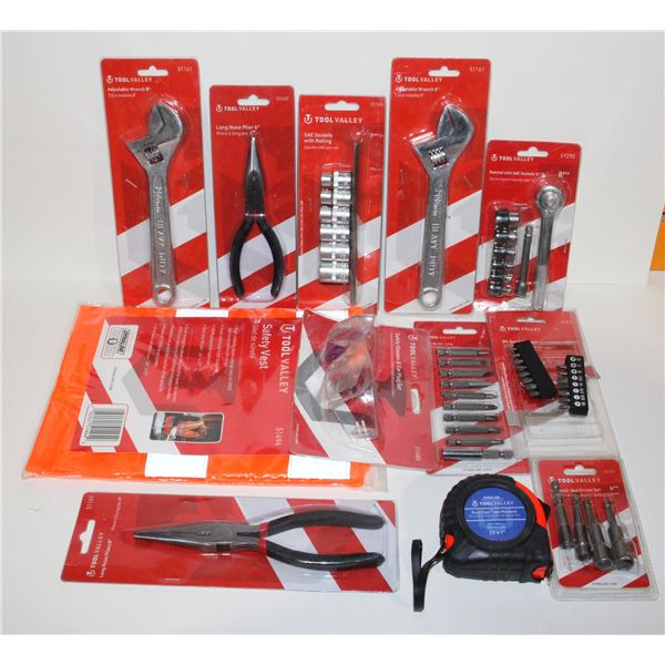 SAFETY VEST, LONG NOSE PLIERS, SOCKETS, RATCHET