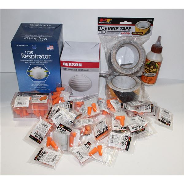 LOT WITH EAR PROTECTION, DUST MASKS, GRIP TAPE,