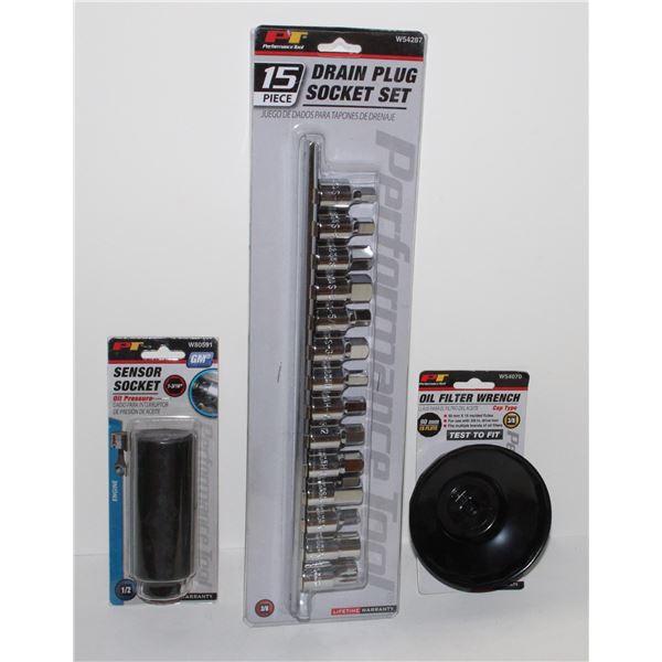 SENSOR SOCKET (GM), OIL FILTER WRENCH, AND 15PC